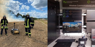 Impressions of rescue robotics trials. Left: Two fire rescuer with a ground robot. Right: Displays in a mission control center